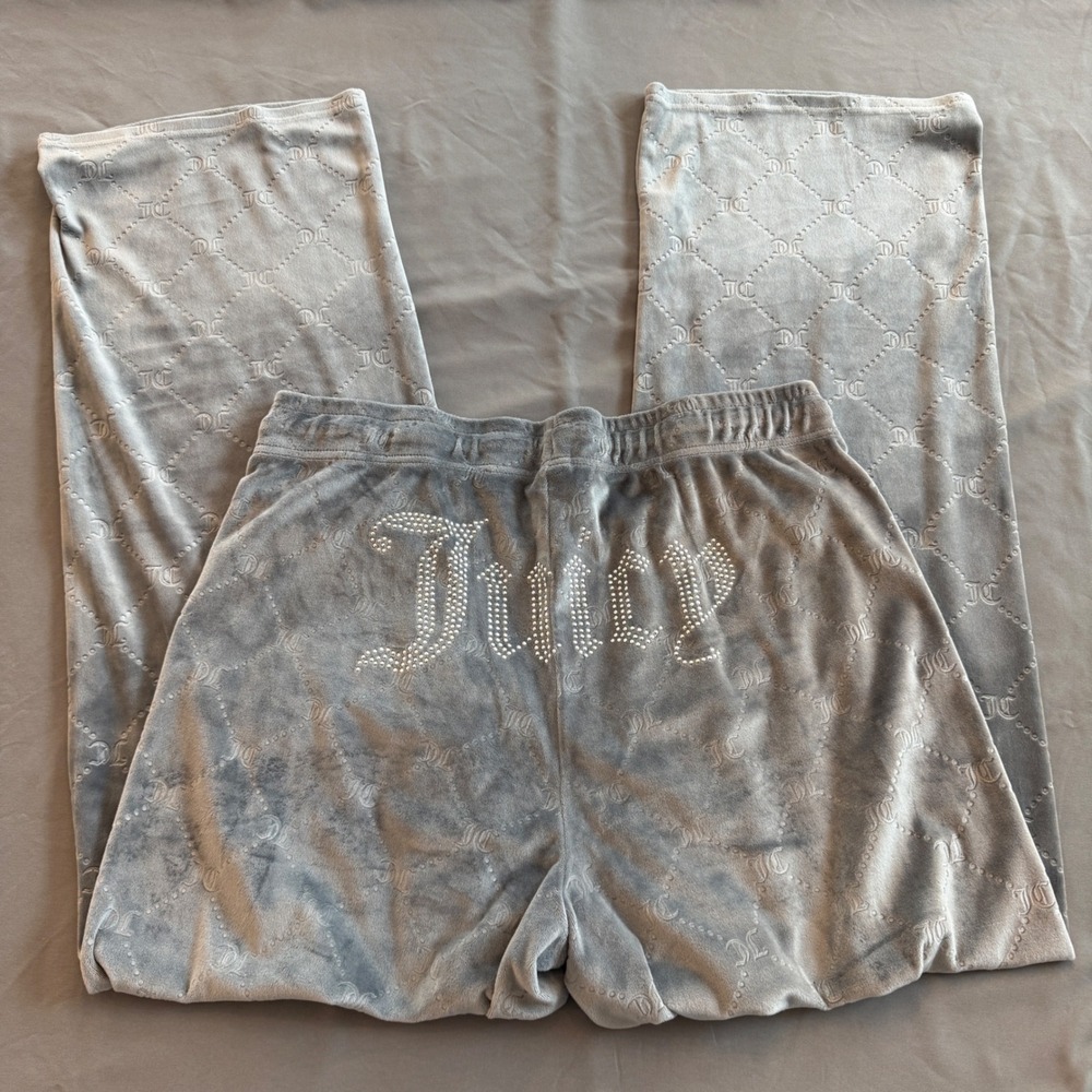 Juicy Couture Gray Velour Monogram Rhinestone Logo Lounge Pants XL